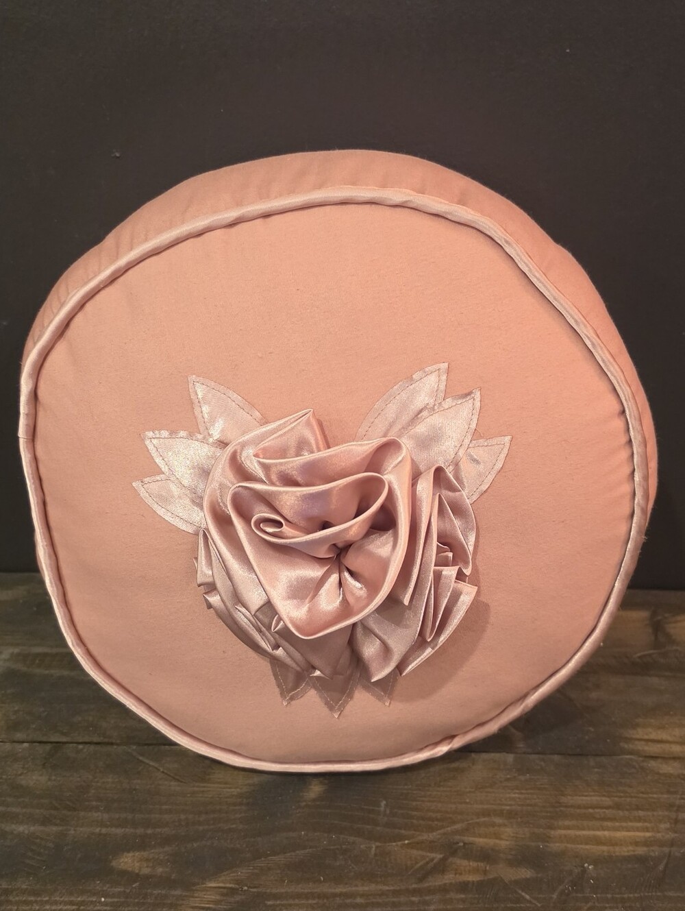Collier Campbell Vintage Pink Round Rose Pillow 12" Shabby Chic Satin Flower
